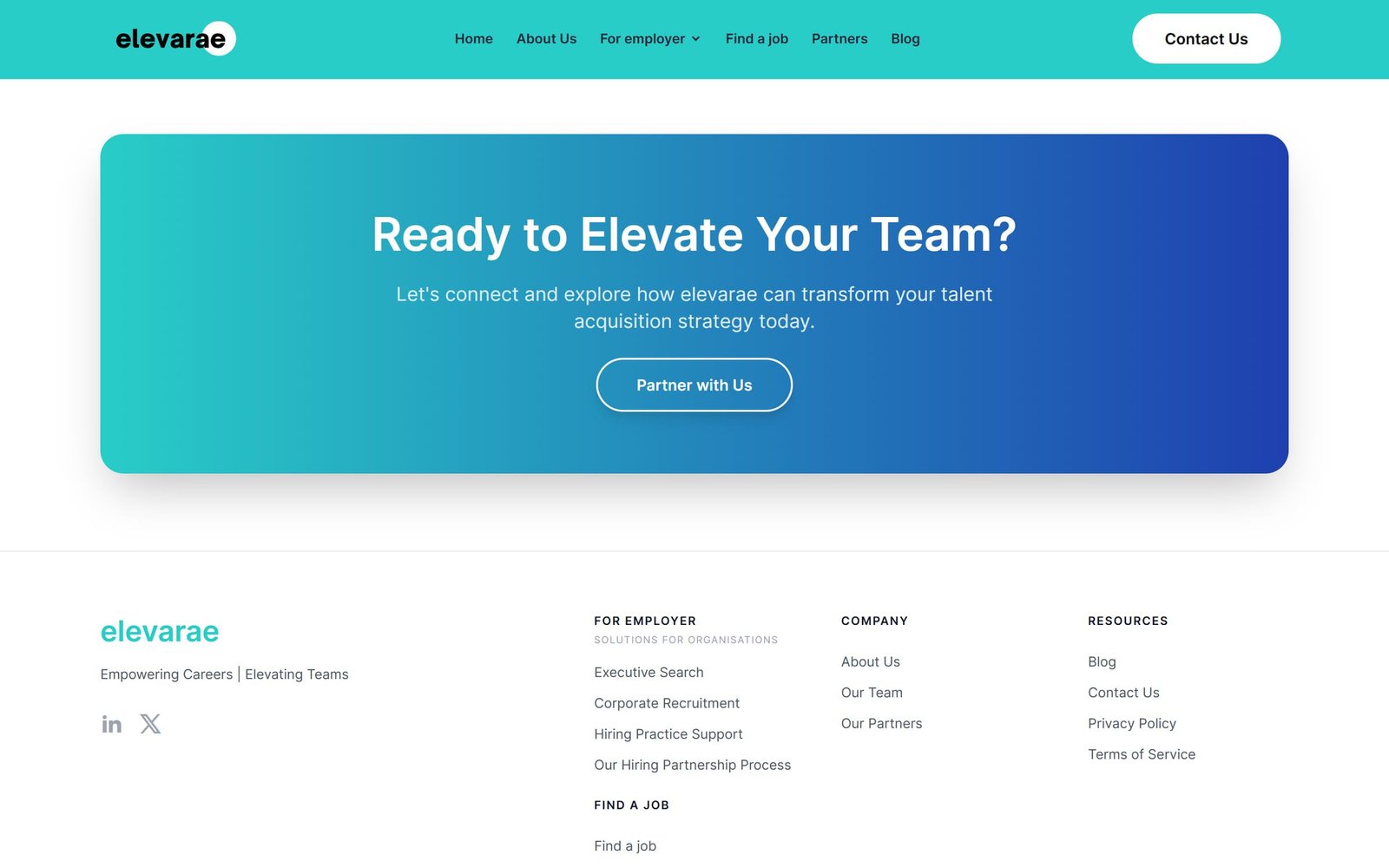 elevarae: “Ready to elevate your team?” call to action and the site footer.