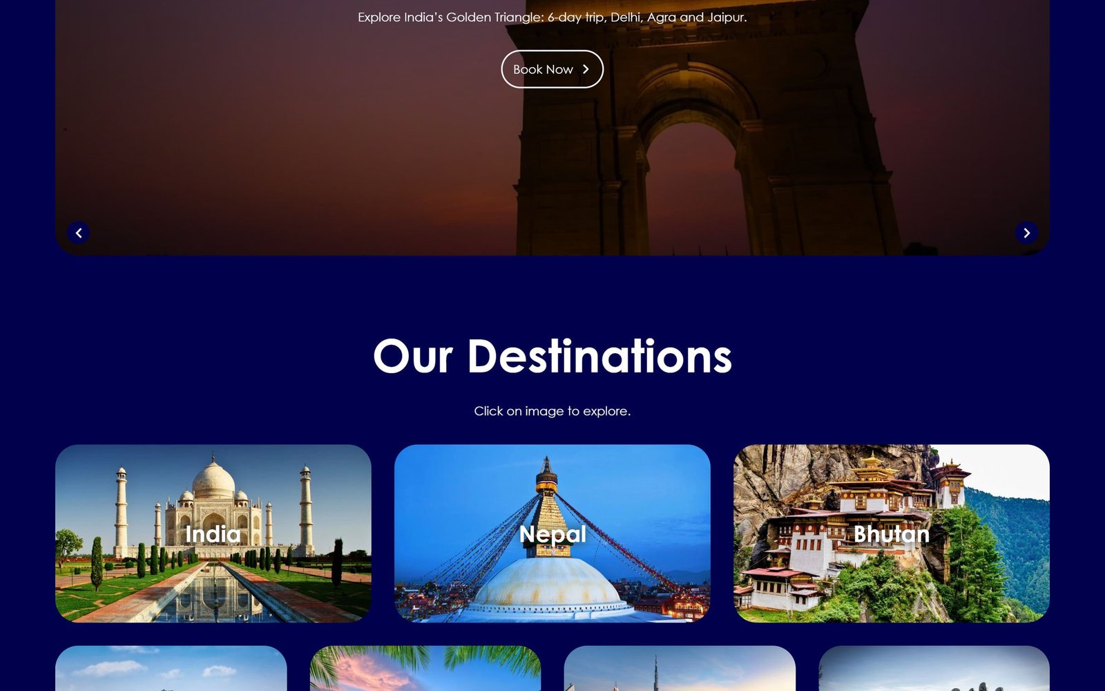 ParomaTravels: “Our destinations”, with photo cards for India, Nepal and Bhutan beneath a featured adventure.