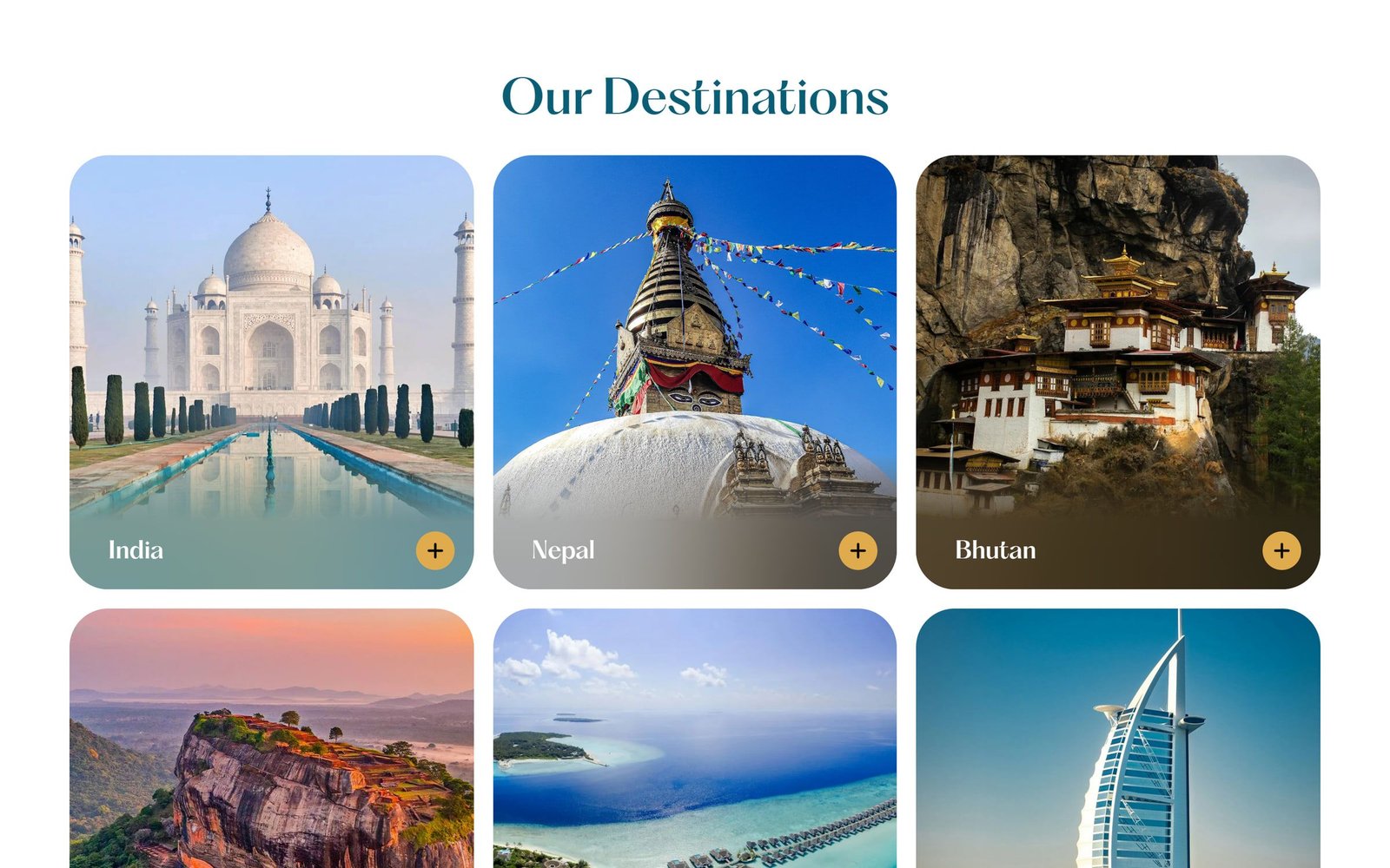 Memorable Journeys: “Our destinations”, with photo cards for India, Nepal, Bhutan, Sri Lanka, the Maldives and Dubai.