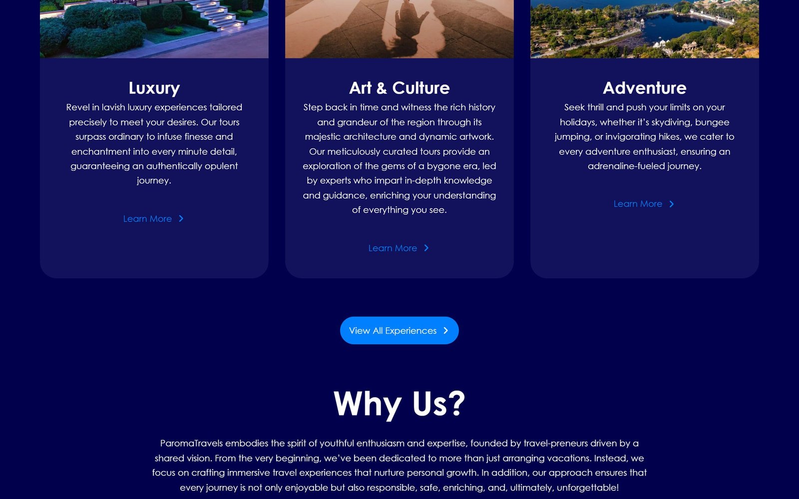 ParomaTravels: experience cards for Luxury, Art & Culture and Adventure, followed by “Why us?”.