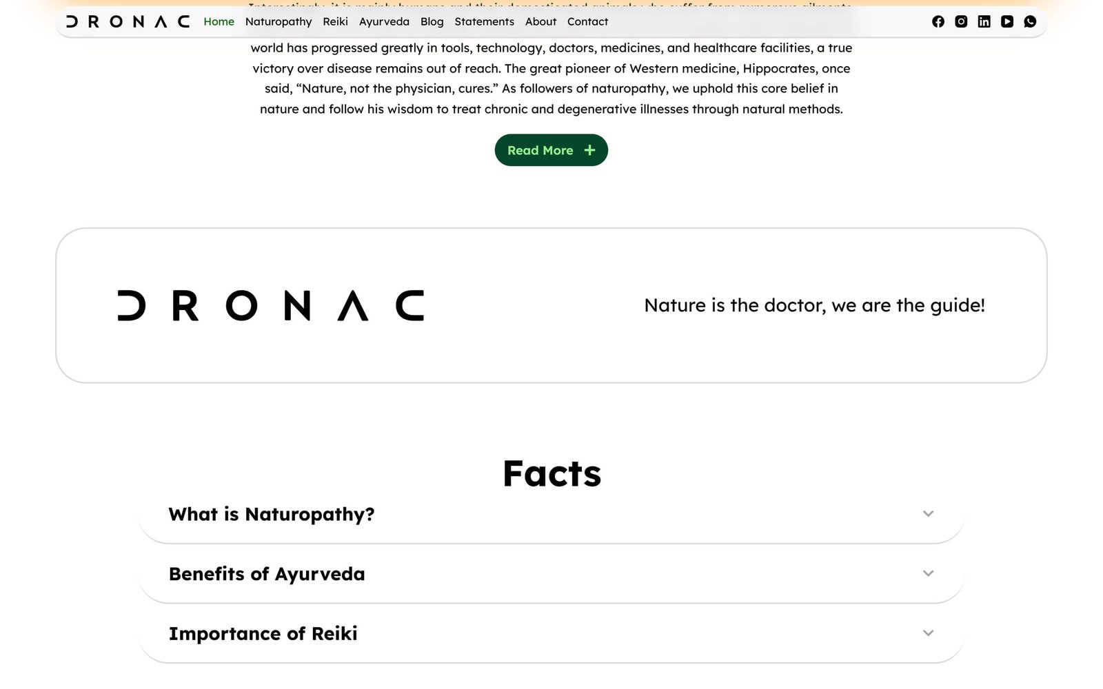 Dronac: the DRONAC wordmark with “Nature is the doctor, we are the guide!” above an FAQ on naturopathy, Ayurveda and Reiki.