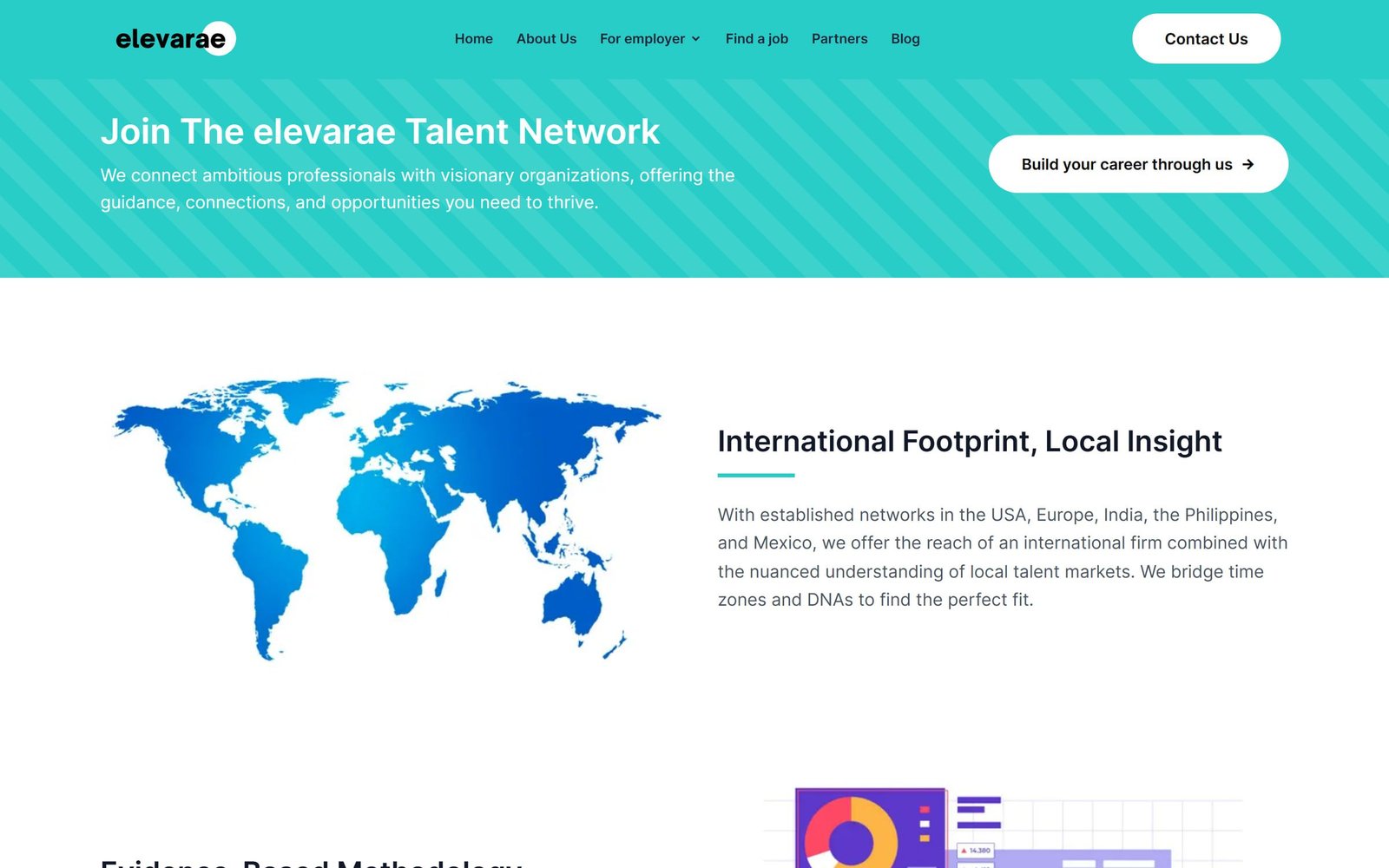 elevarae: “Join the elevarae talent network” banner above “International footprint, local insight” with a blue world map.