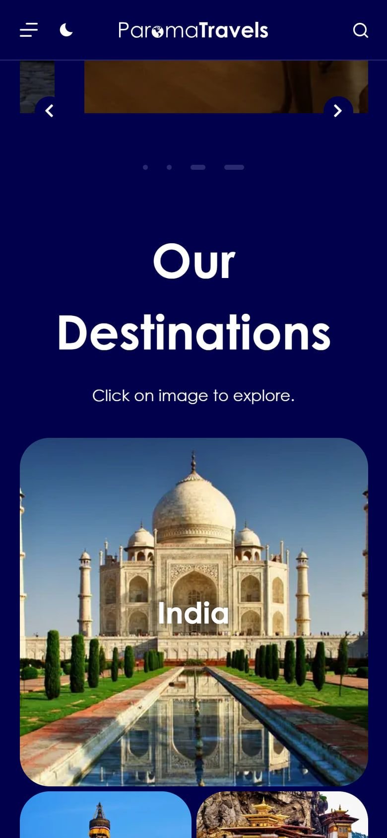 ParomaTravels on a phone: “Our destinations” with a card for India showing the Taj Mahal.