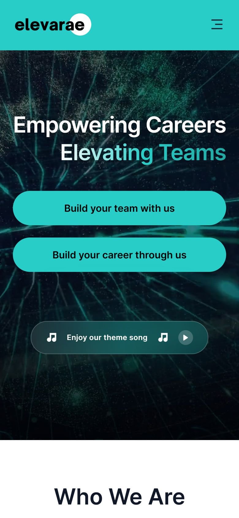 elevarae on a phone: the hero with its particle globe and two stacked calls to action.