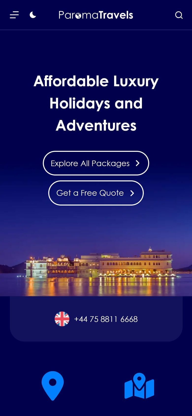 ParomaTravels on a phone: the night sky hero with “Explore all packages” and “Get a free quote”.