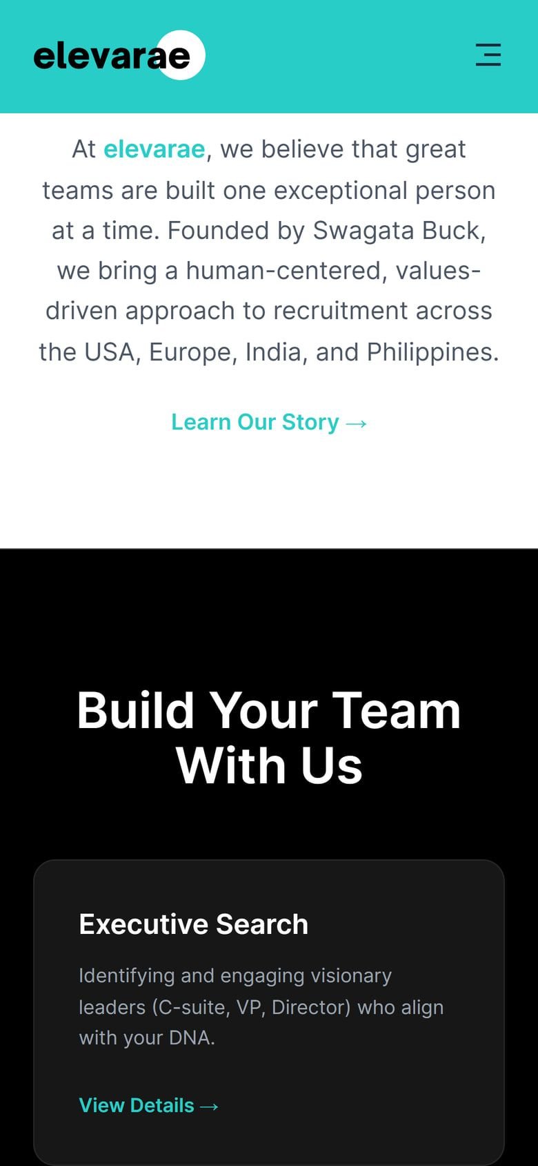 elevarae on a phone: “Build your team with us” service cards on black.