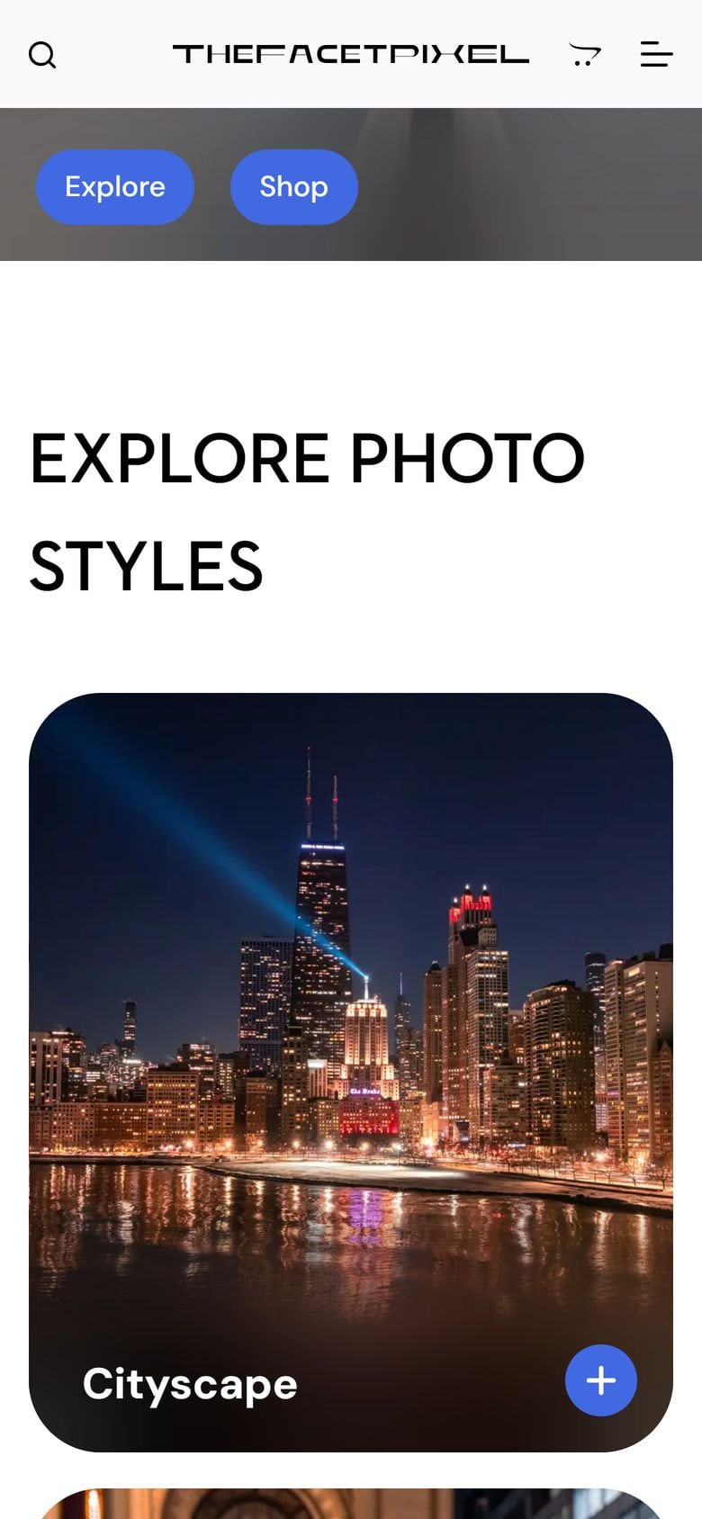 TheFacetPixel on a phone: “Explore photo styles” with a Cityscape card showing Chicago at night.
