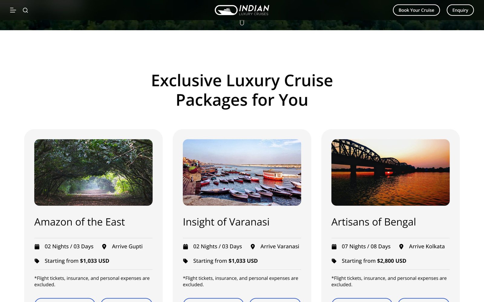 Indian Luxury Cruises: “Exclusive luxury cruise packages for you”: Amazon of the East, Insight of Varanasi and Artisans of Bengal, with durations and starting prices.