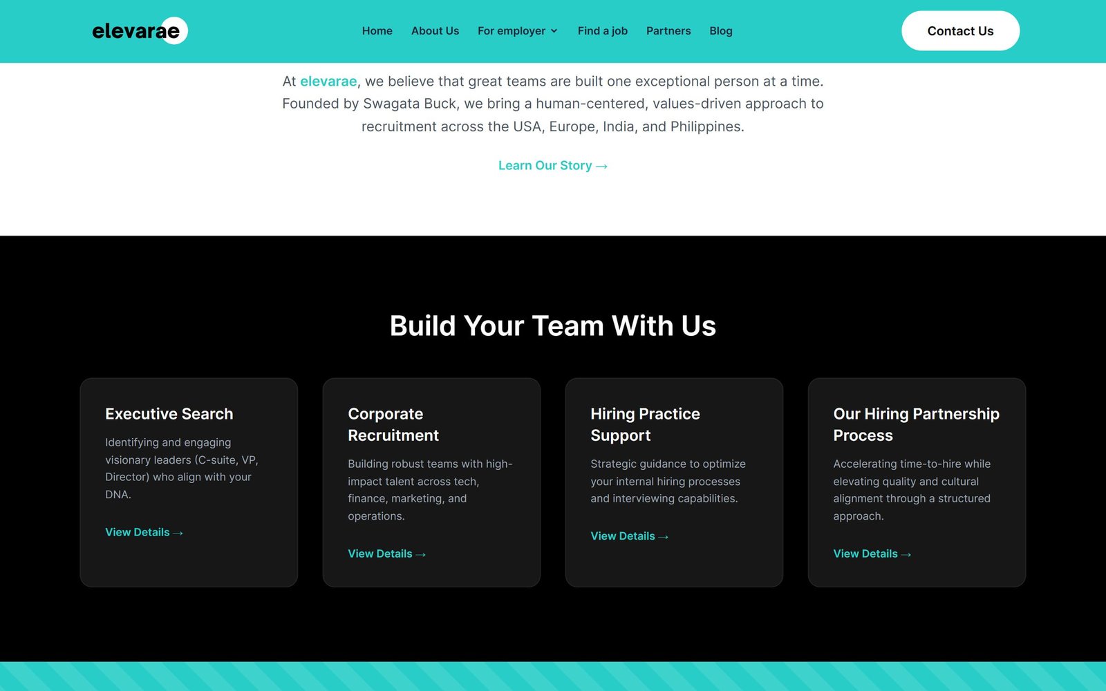 elevarae: “Build your team with us”, with four dark cards for Executive Search, Corporate Recruitment, Hiring Practice Support and the hiring partnership process.