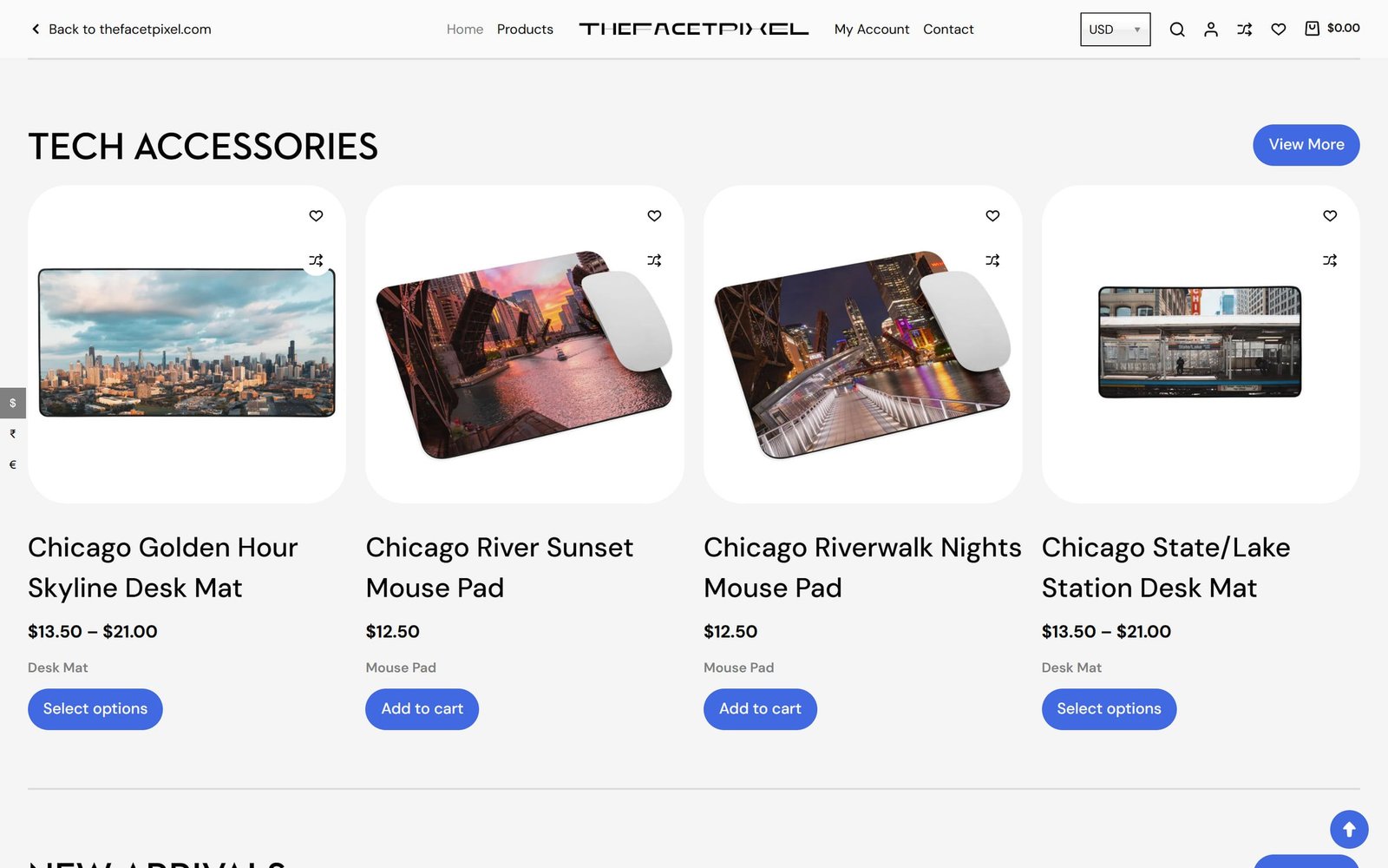 TheFacetPixel shop: “Tech accessories”, desk mats and mouse pads printed with Chicago photographs.