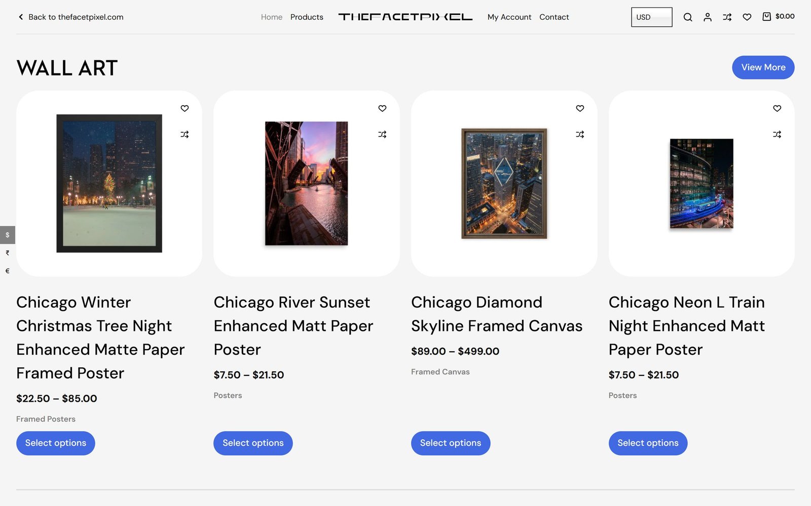 TheFacetPixel shop: a “Wall art” grid of framed Chicago prints with price ranges and a currency selector.