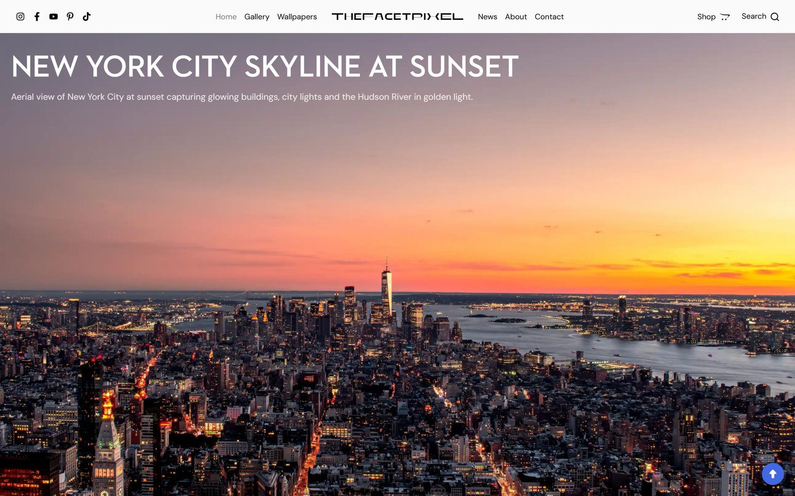 TheFacetPixel: a full-width aerial photograph titled “New York City skyline at sunset”.