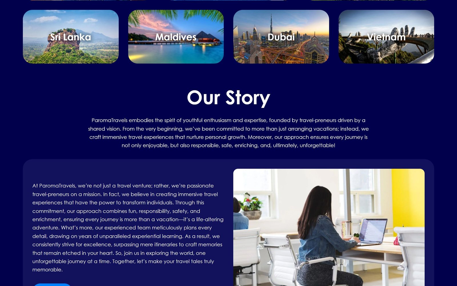 ParomaTravels: destination cards for Sri Lanka, Maldives, Dubai and Vietnam above “Our story”.