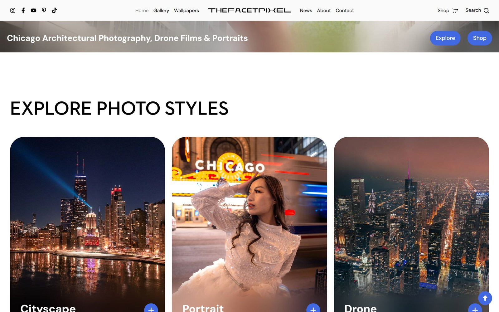 TheFacetPixel: “Explore photo styles” with three tall cards for Cityscape, Portrait and Drone.
